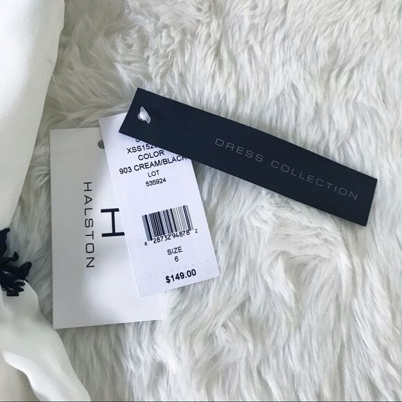 HALSTON White Black Sleeveless Fringe Cocktail Dress Tiered‎ Ruffle Size 6 New - Picture 5 of 15